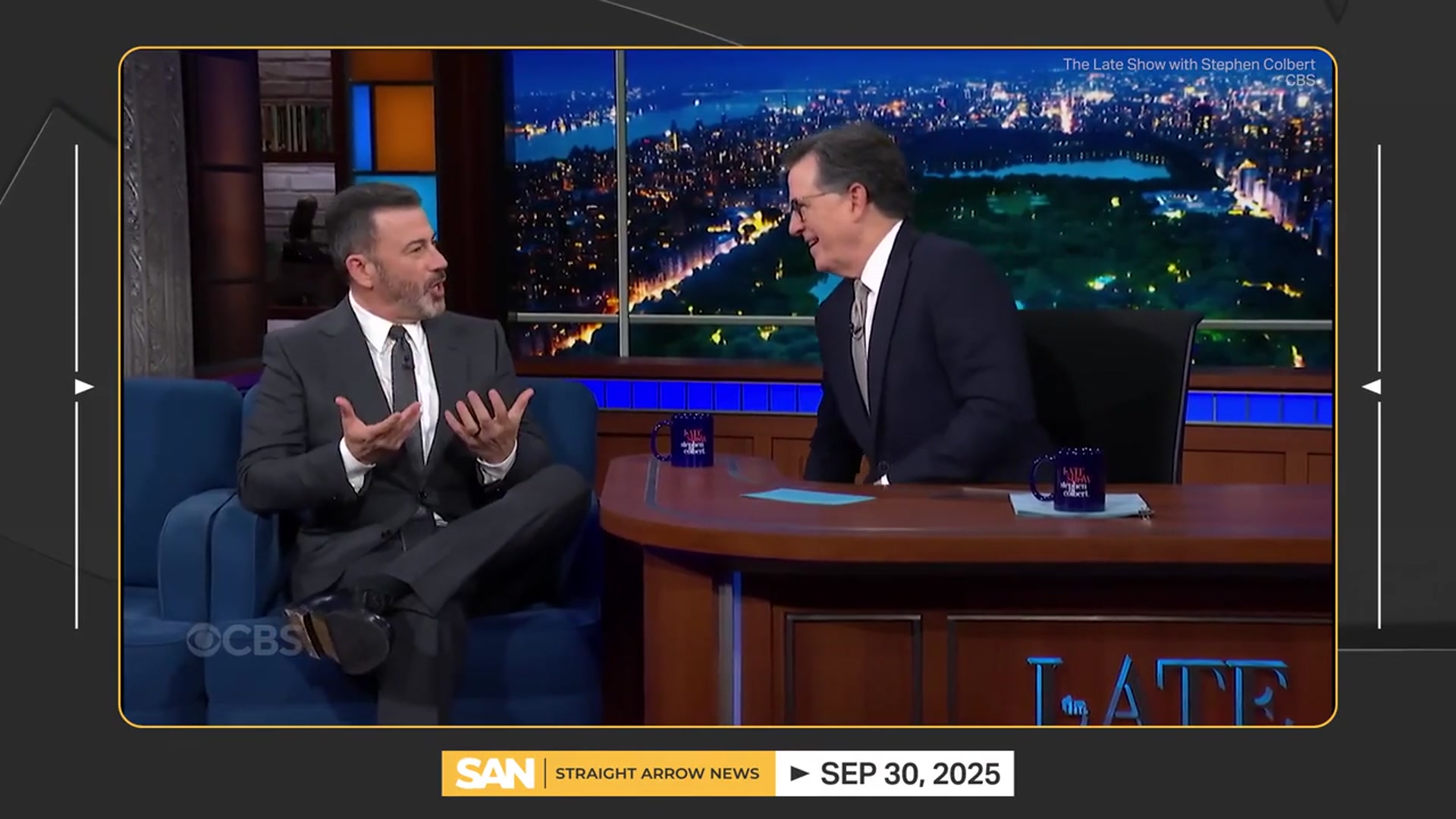 'Video thumbnail for Jimmy Kimmel, Stephen Colbert talk cancellations on each other's shows'