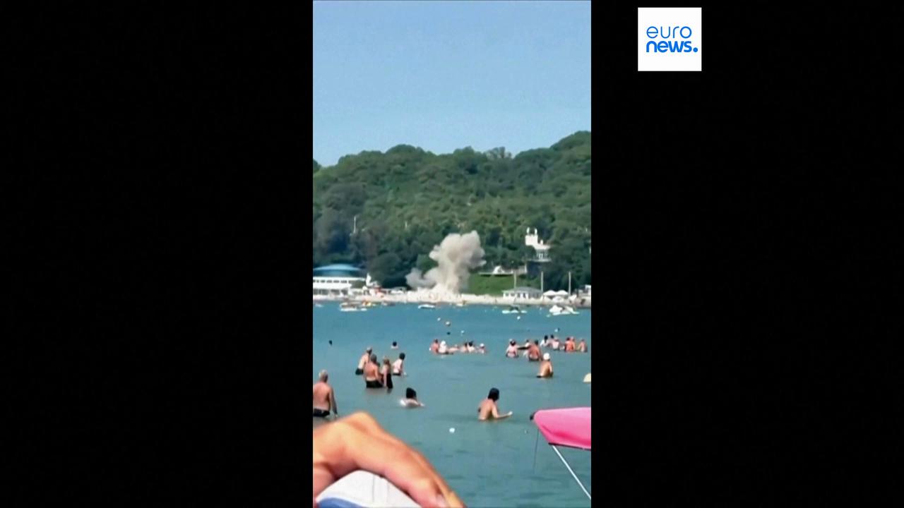 Video thumbnail for Moment drone strikes Russian Black Sea beach resort