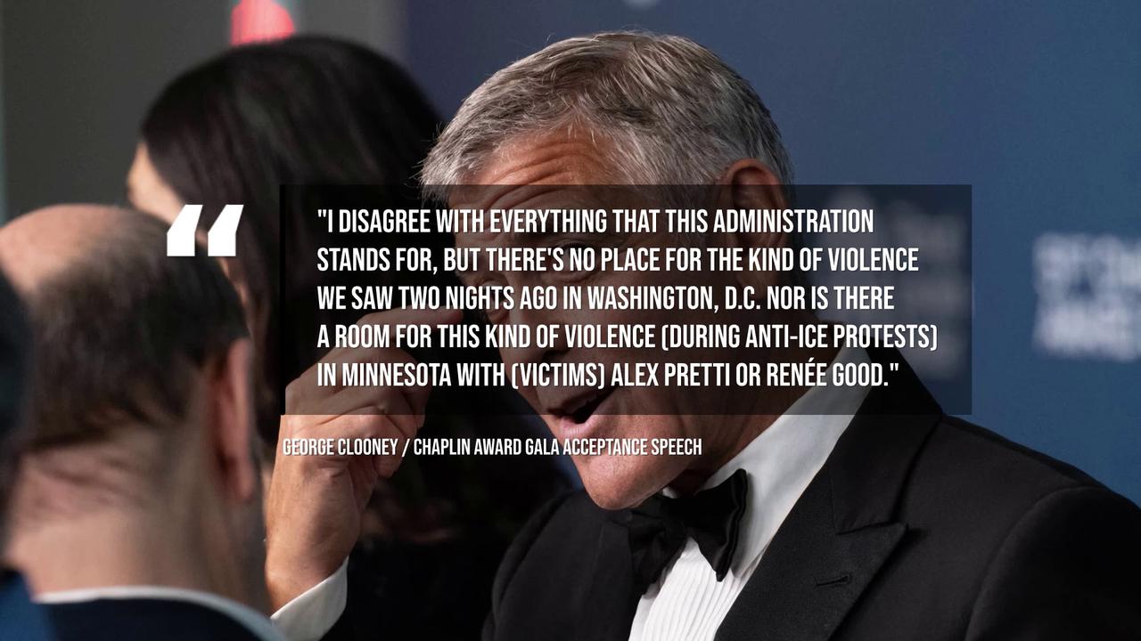 Video thumbnail for NEWS OF THE WEEK: George Clooney condemns political violence after White House Correspondents' Dinner shooting.