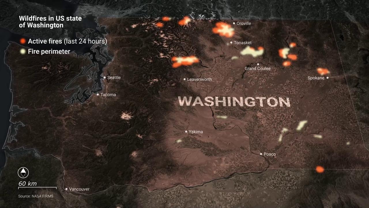 Video thumbnail for US: MOTION GRAPHICS - 65,000 evacuated as wildfires destroy 700 homes in US state of Washington.