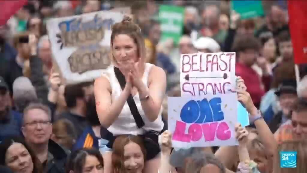 Video thumbnail for Thousands rally in Belfast to condemn anti-immigrant rioting that followed stabbing