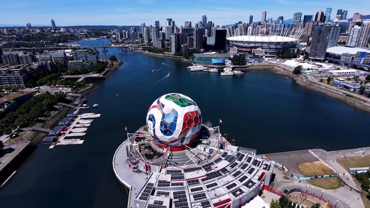 Video thumbnail for Canada: Vancouver’s Science World transformed to resemble 2026 FIFA World Cup match ball.