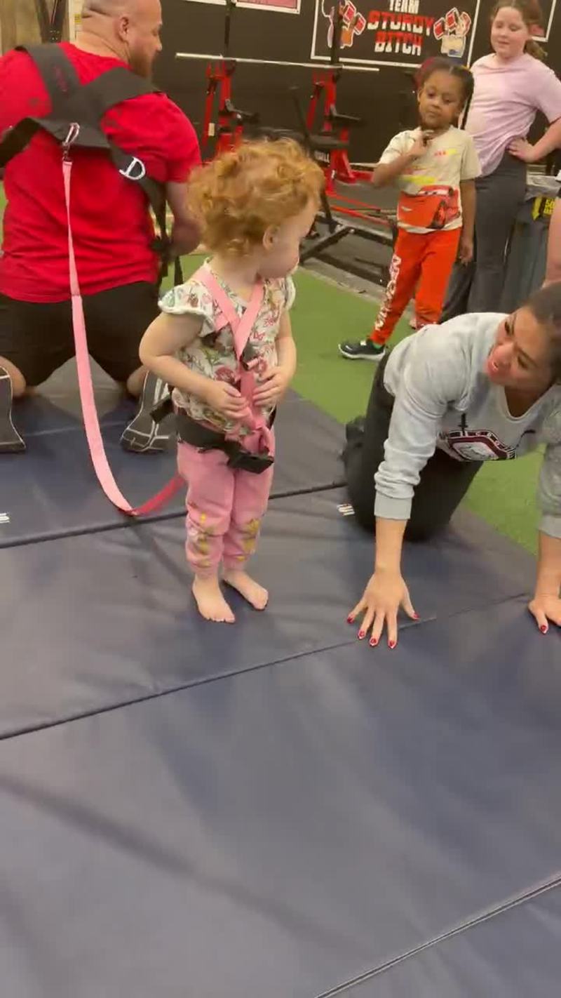 Video thumbnail for Tiny Strongwoman Drags Dad across the Gym Floor