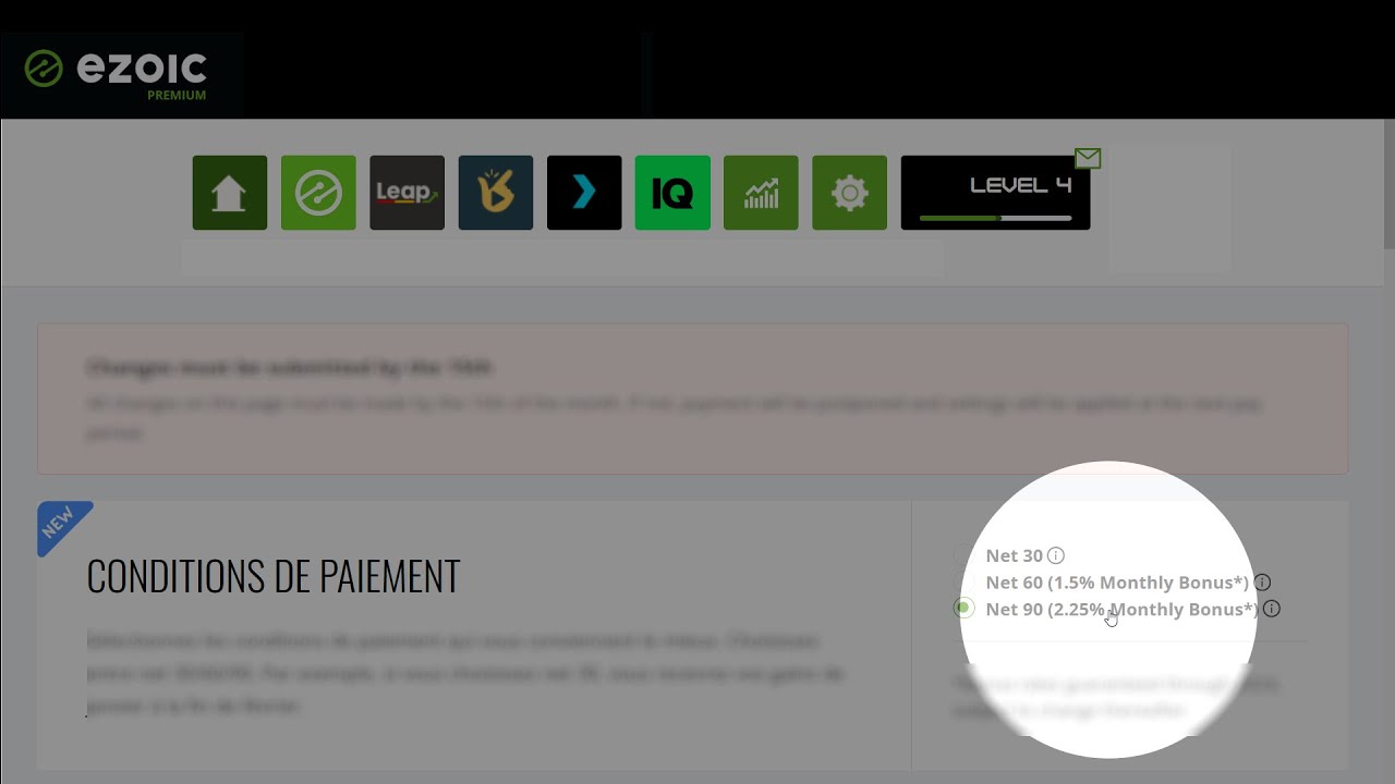 Video thumbnail for Activation en 1 Clic: Gagnez 2,25% de Plus avec les Conditions de Paiement de site Web d'Ezoic!