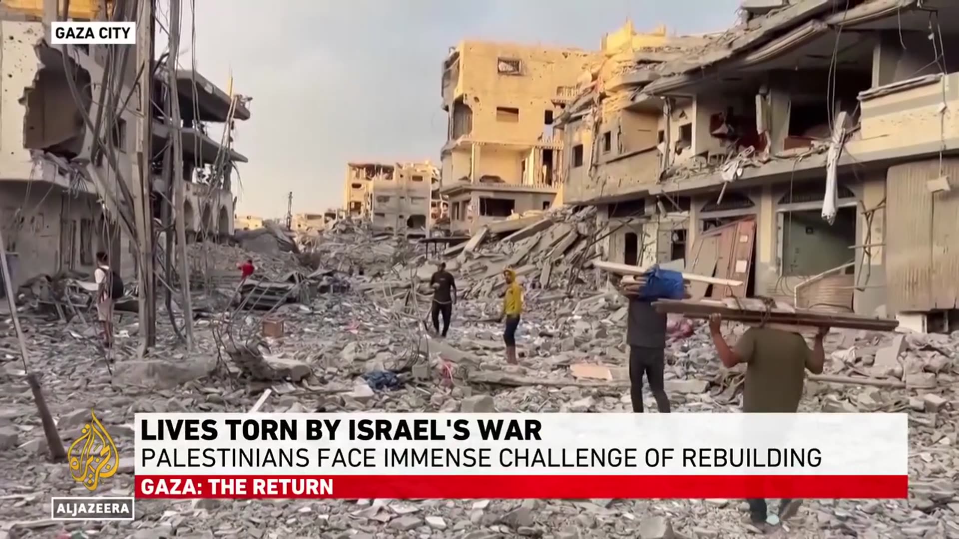 'Video thumbnail for Exhausted Palestinians witness massive destruction upon returning to northern Gaza'