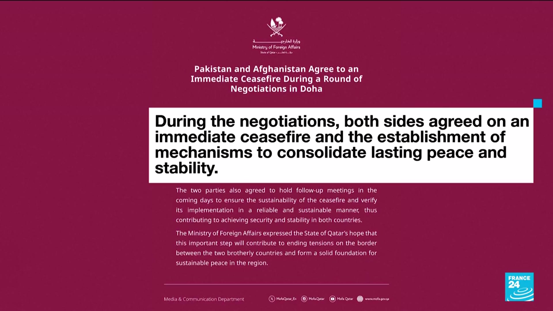 'Video thumbnail for Pakistan and Afghanistan agree to 'immediate ceasefire' in Qatar ceasefire talks'