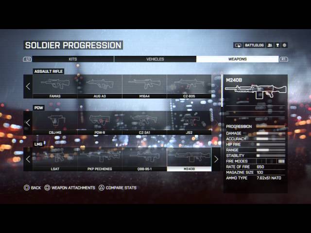 Video thumbnail for Battlefield 4 - (Multiplayer) Soldier Progression: Weapons - Assault Rifle, Sniper Rifle, DMR, LMG