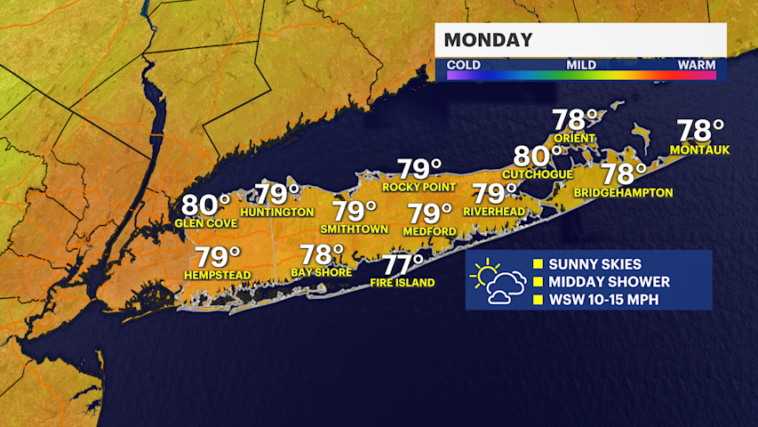 Video thumbnail for Mostly sunny skies, with a chance of isolated shower for Monday on Long Island