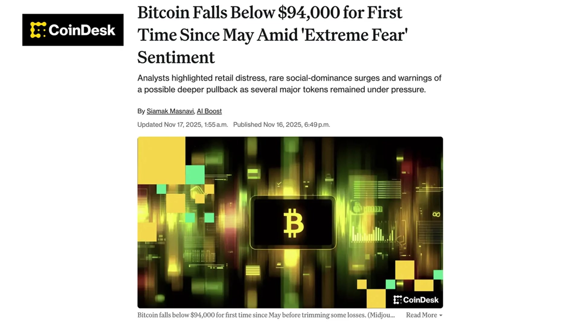'Video thumbnail for Bitcoin Down More Than 10% on the Week Amid 'Extreme Fear' Sentiment'