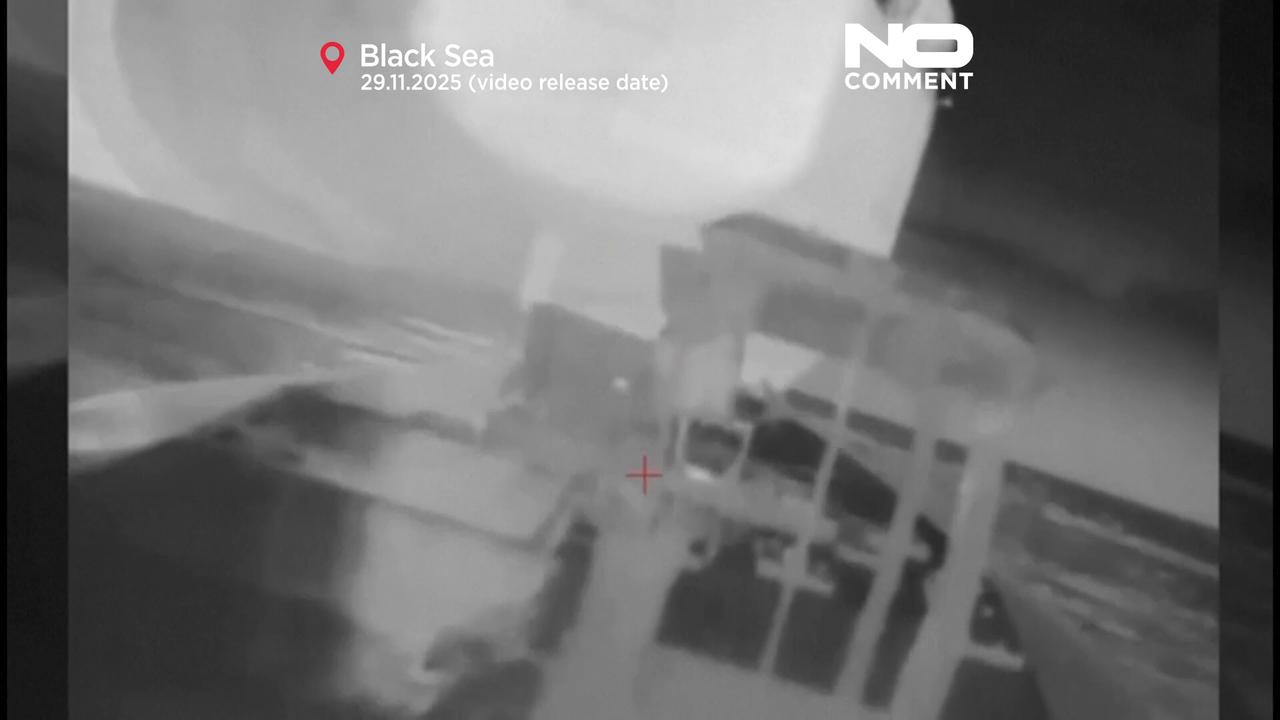 Video thumbnail for Ukraine releases video showing moment naval drones striking Russian oil tankers in the Black Sea