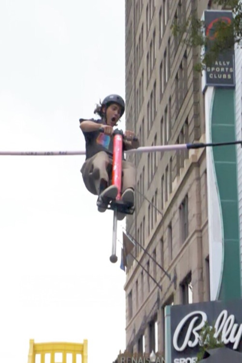 Video thumbnail for Highest forward flip pogo stick jump 3.35 metres (11 ft) by Henry Cabelus