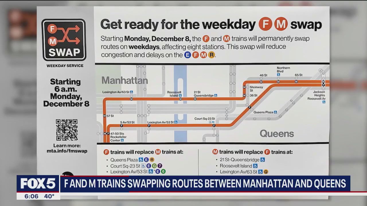 Video thumbnail for F and M trains to swap routes between Manhattan and Queens starting Monday