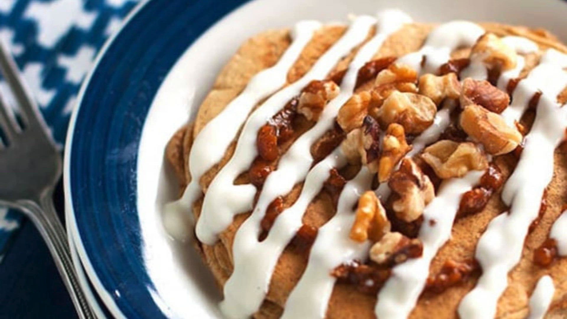 Video thumbnail for Healthy Cinnamon Roll Pancakes recipe