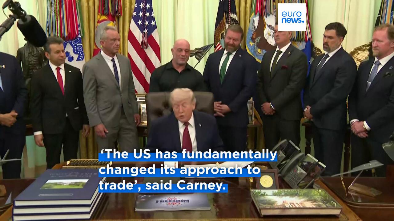 Video thumbnail for Carney says Canada must cut reliance on US as tariffs hit economy