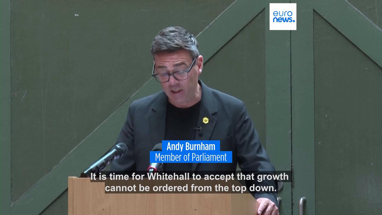 Video thumbnail for Burnham vows to 'rewire Britain' with devolution push and 'No. 10 North' in Manchester