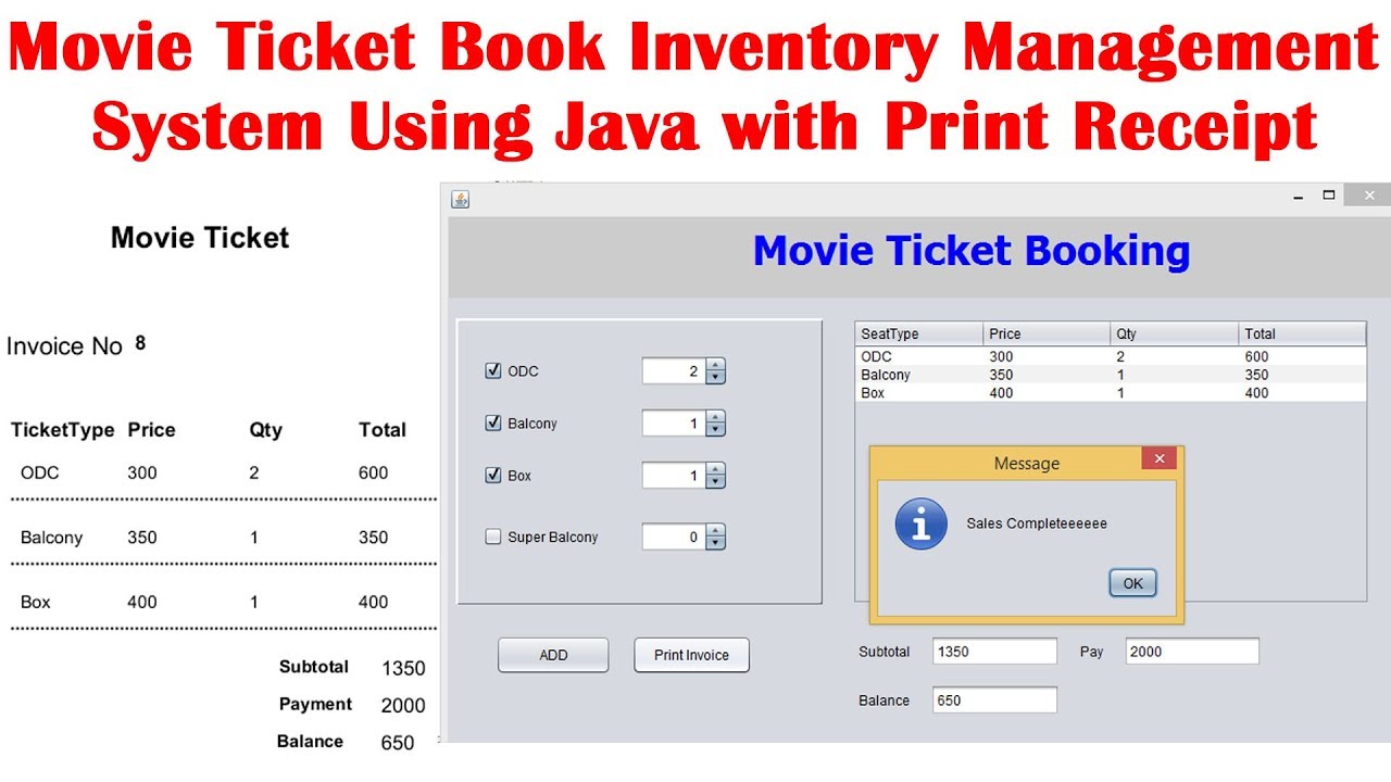 Movie Ticket Book Inventory Management System Using Java with Print Receipt