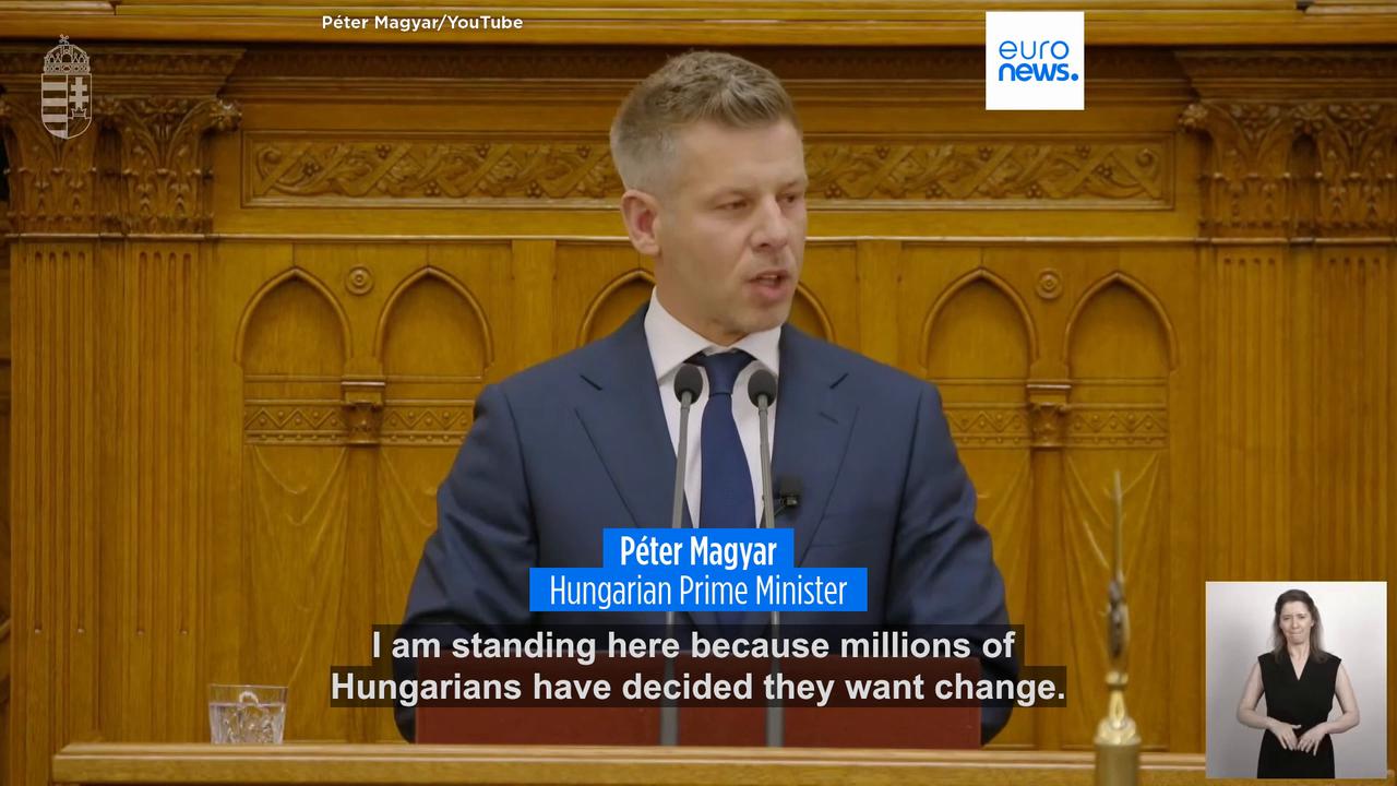Video thumbnail for Péter Magyar sworn-in as Hungary's new prime minister after landslide April election victory