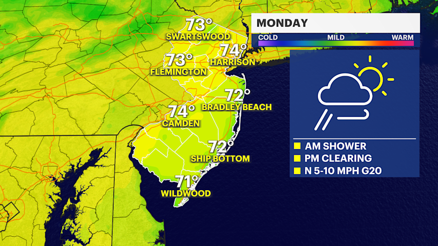 Video thumbnail for Lingering morning showers before sunny Monday afternoon in New Jersey