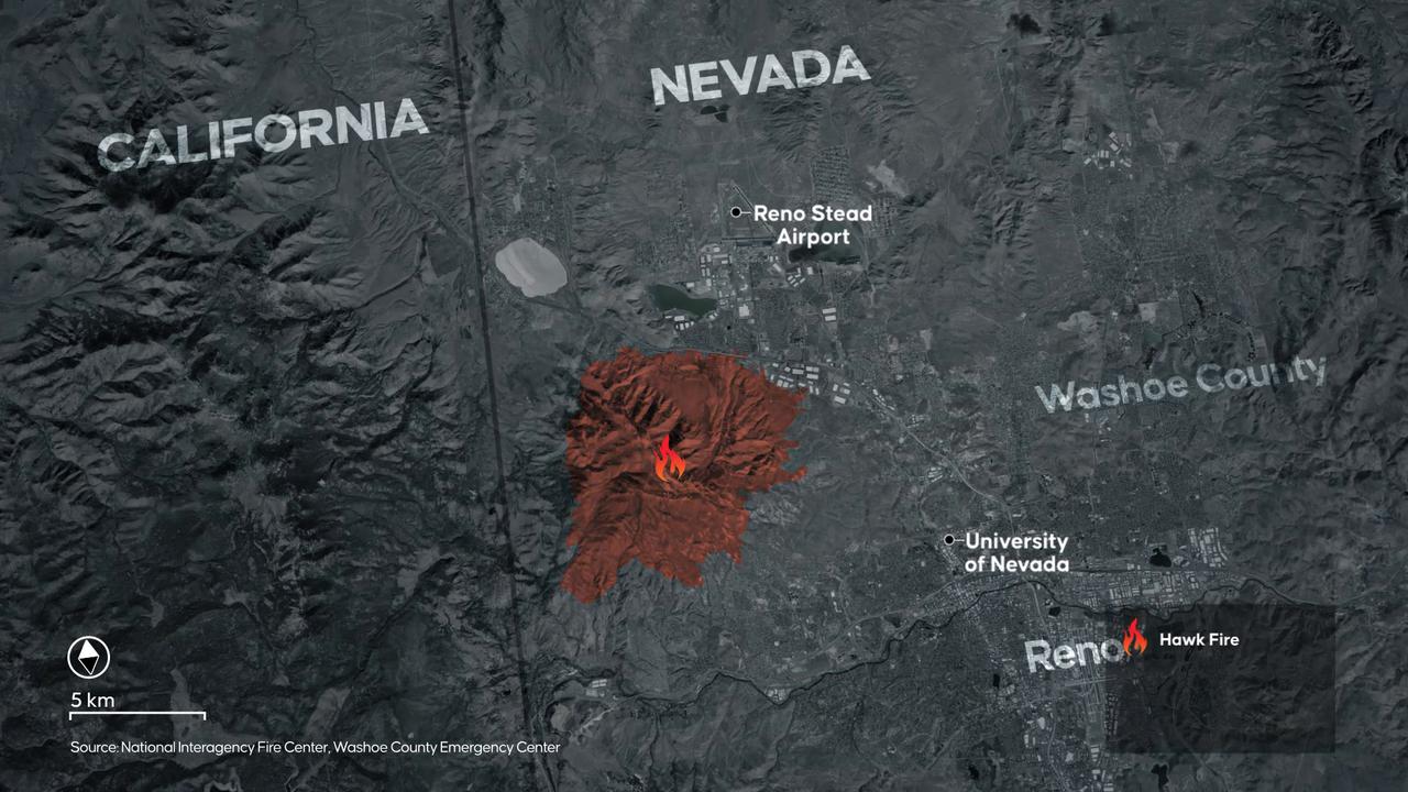 Video thumbnail for US: MOTION GRAPHIC - Emergency declared as Hawk Fire near Reno grows rapidly, 90,000 urged to evacuate.