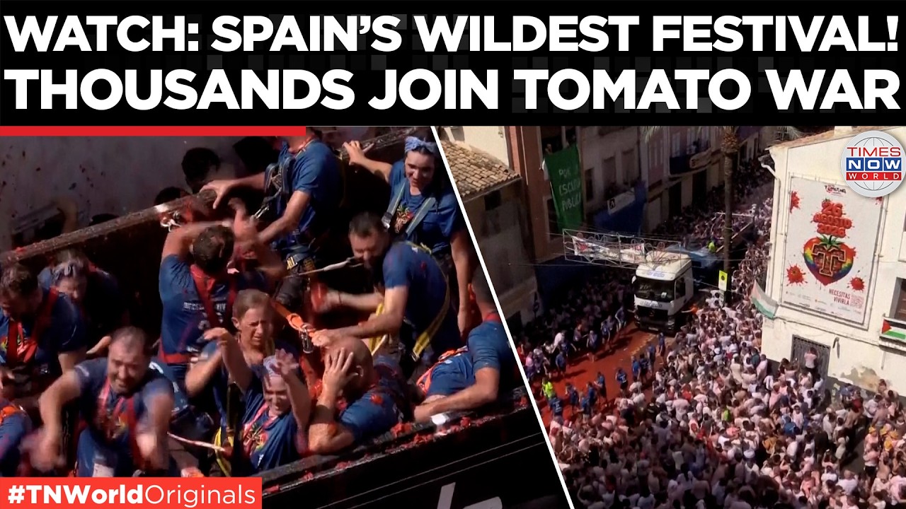 Video thumbnail for SPAIN TURNS RED! Thousands Join La Tomatina Tomato Fight in Buñol | Times Now World