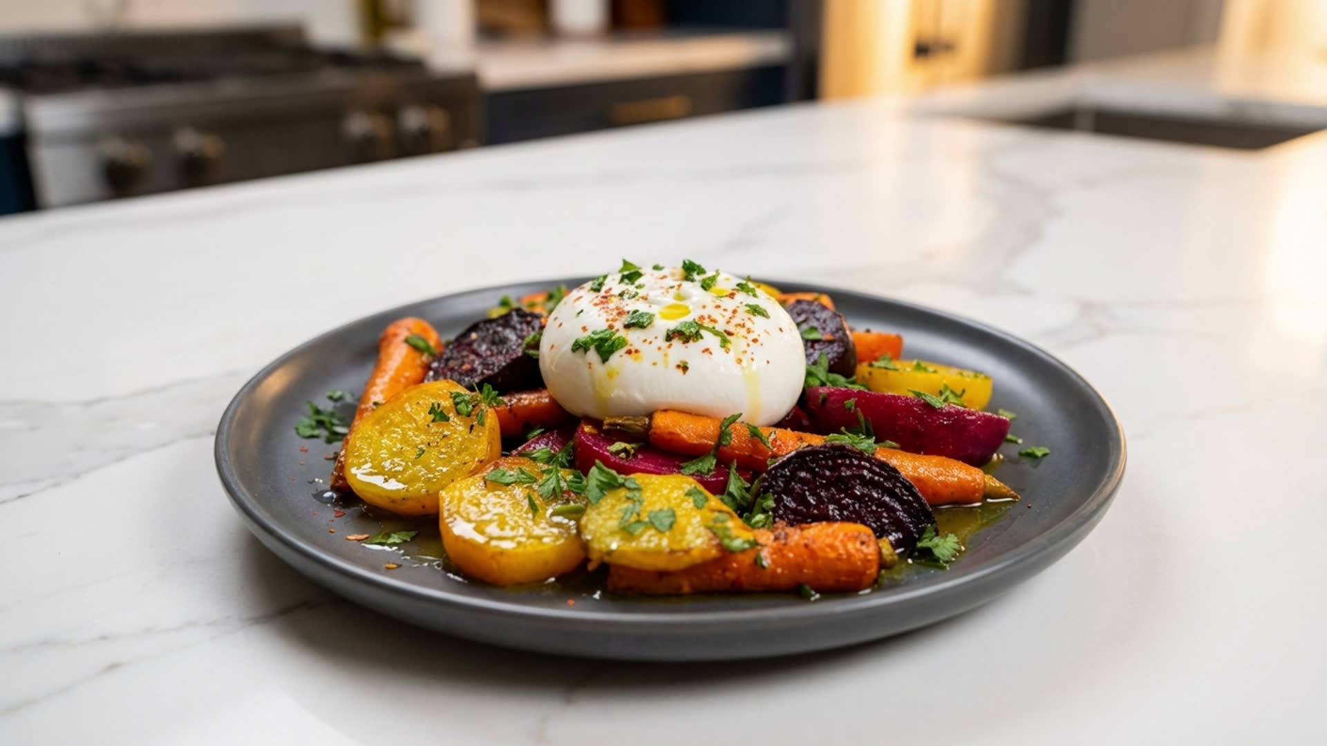 Video thumbnail for Roasted Beets and Carrots with Burrata Salad