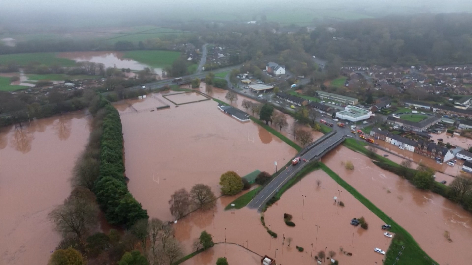 Video thumbnail for Floodwaters submerge buildings in Wales after Storm Claudia