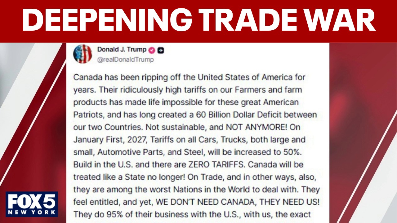 Video thumbnail for Trump threatens 50% tariffs on Canadian goods as trade war escalates