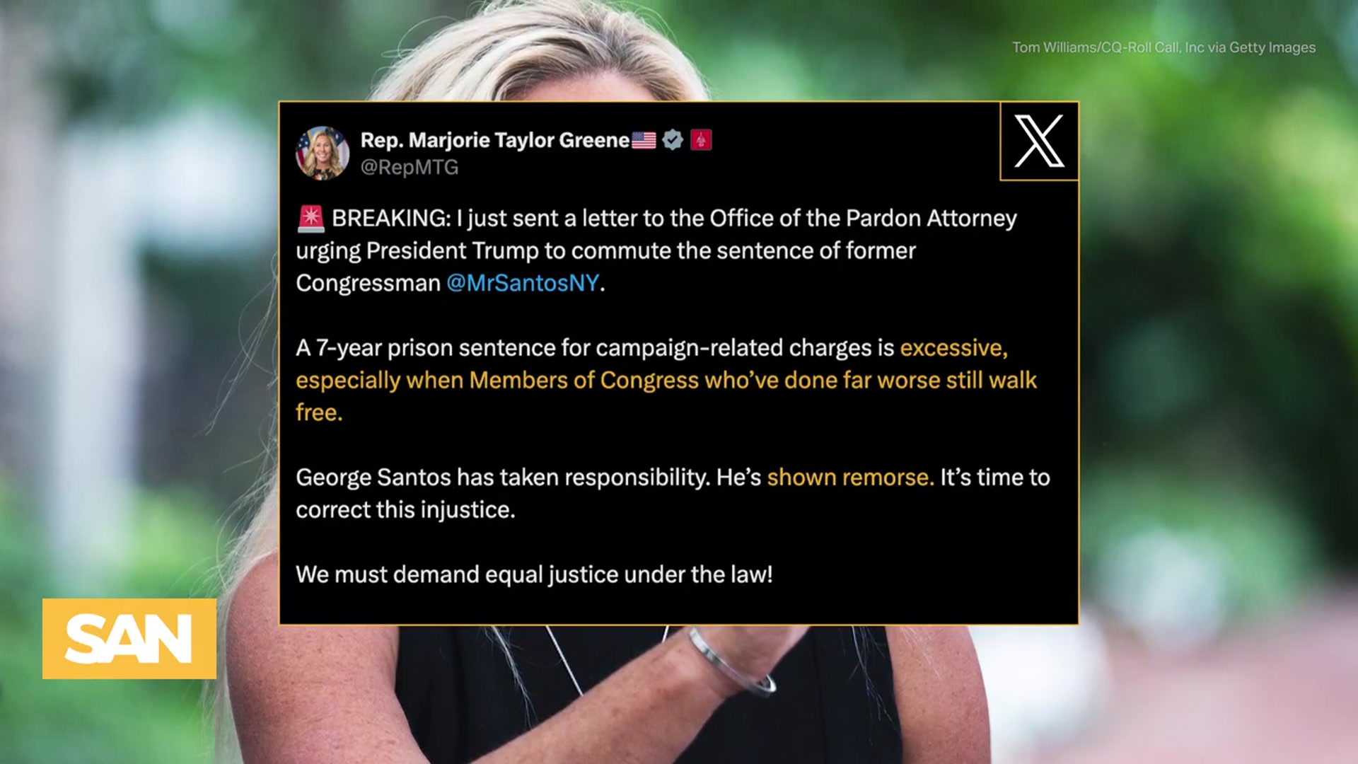 'Video thumbnail for Marjorie Taylor Greene urges Trump to commute Santos’ sentence'