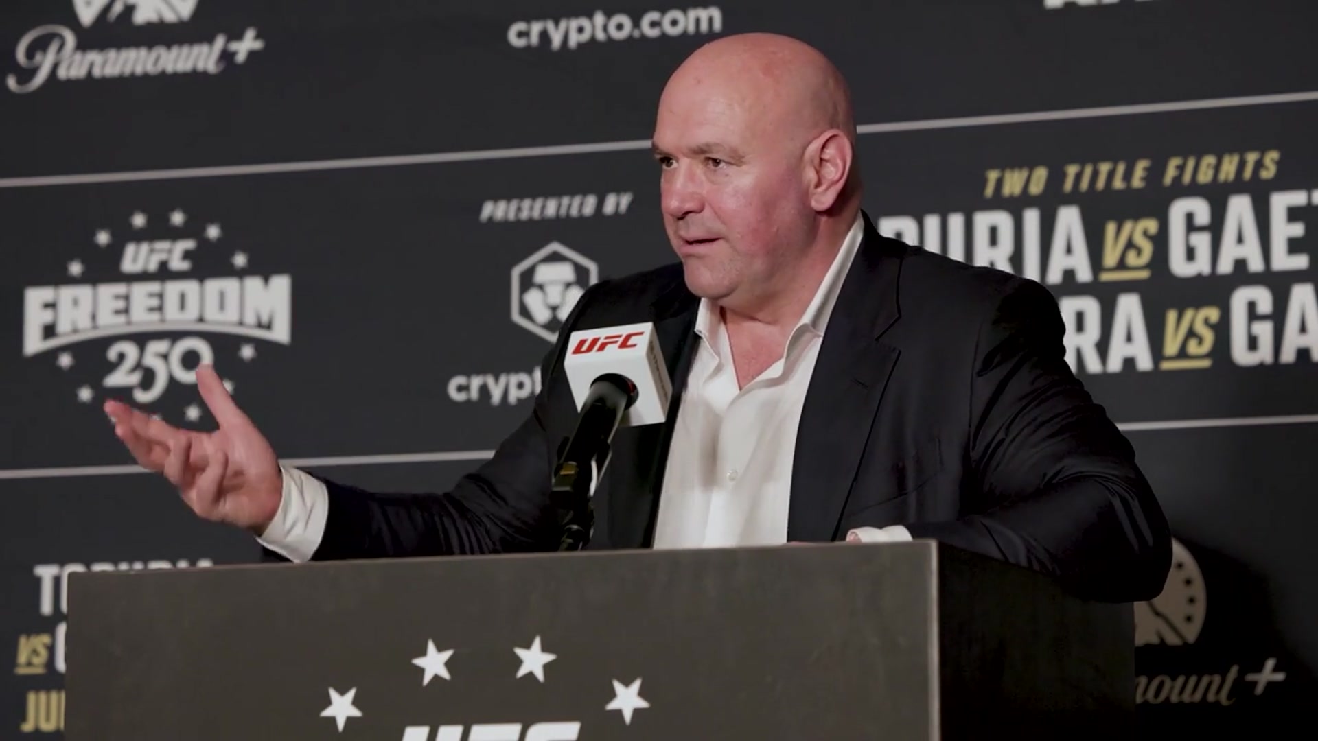 Video thumbnail for US: UFC CEO Dana White and winners hold press conference following UFC Freedom 250.