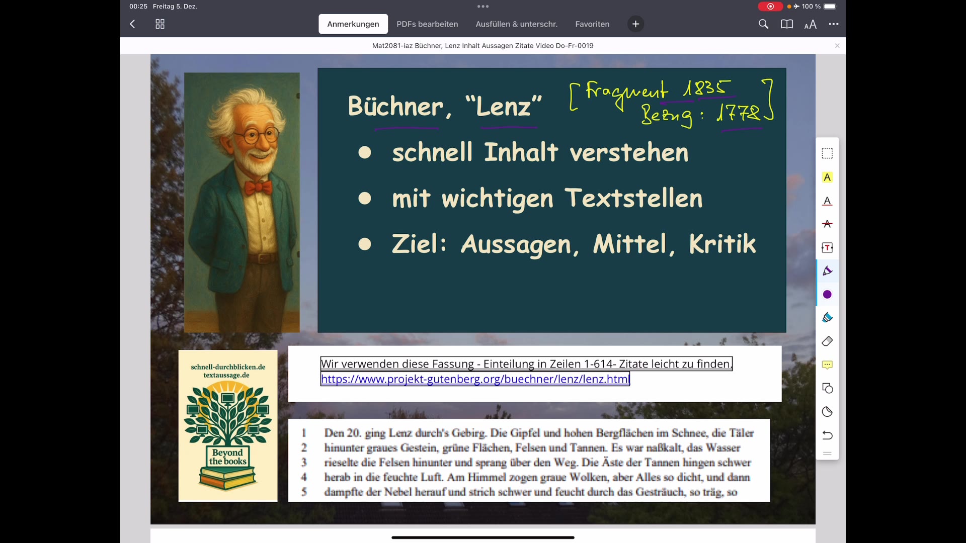 Video thumbnail for Büchner, "Lenz" - Teil 1 - Inhalt und Zitate: Wanderung zu Oberlin- zwischen Wahnsinn u. Beruhigung