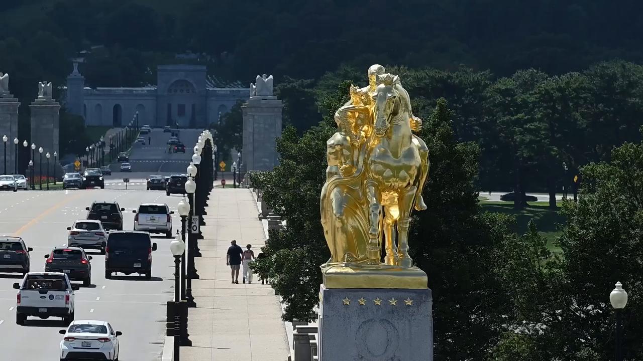 Video thumbnail for US: Trump administration covers DC’s Art of War statues in gold leaf.