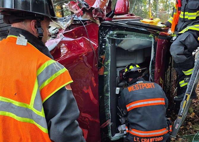 Video thumbnail for Driver rescued after car crashes into utility pole in Westport