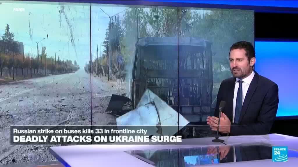 Video thumbnail for Russian attack on Ukraine busses part of 'a steady increase in attacks on civilians'