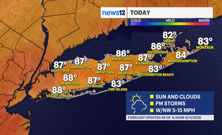 Video thumbnail for Hot and humid weather stays with afternoon storms across Long Island