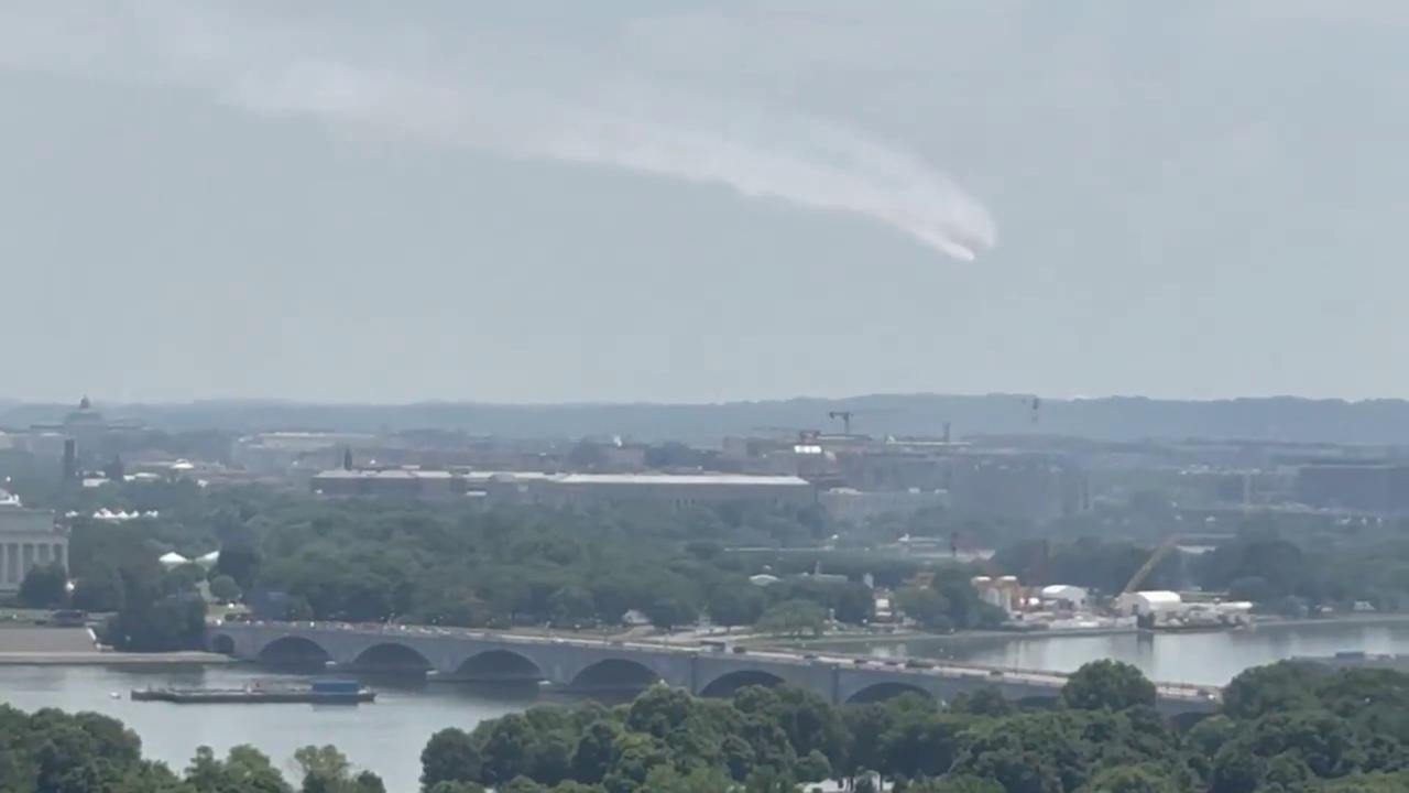Video thumbnail for US: America 250 Military Flyover Rehearsals Send Jets Low Over DC Area.
