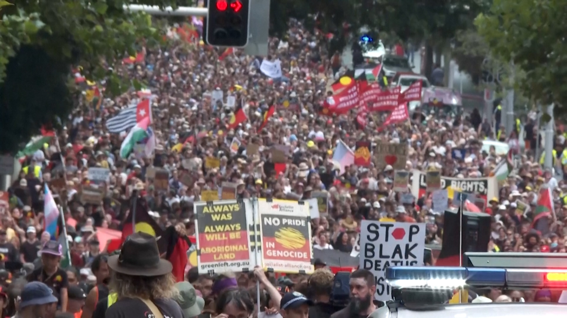 Video thumbnail for Thousands of protesters march on Australia's ‘Invasion Day’