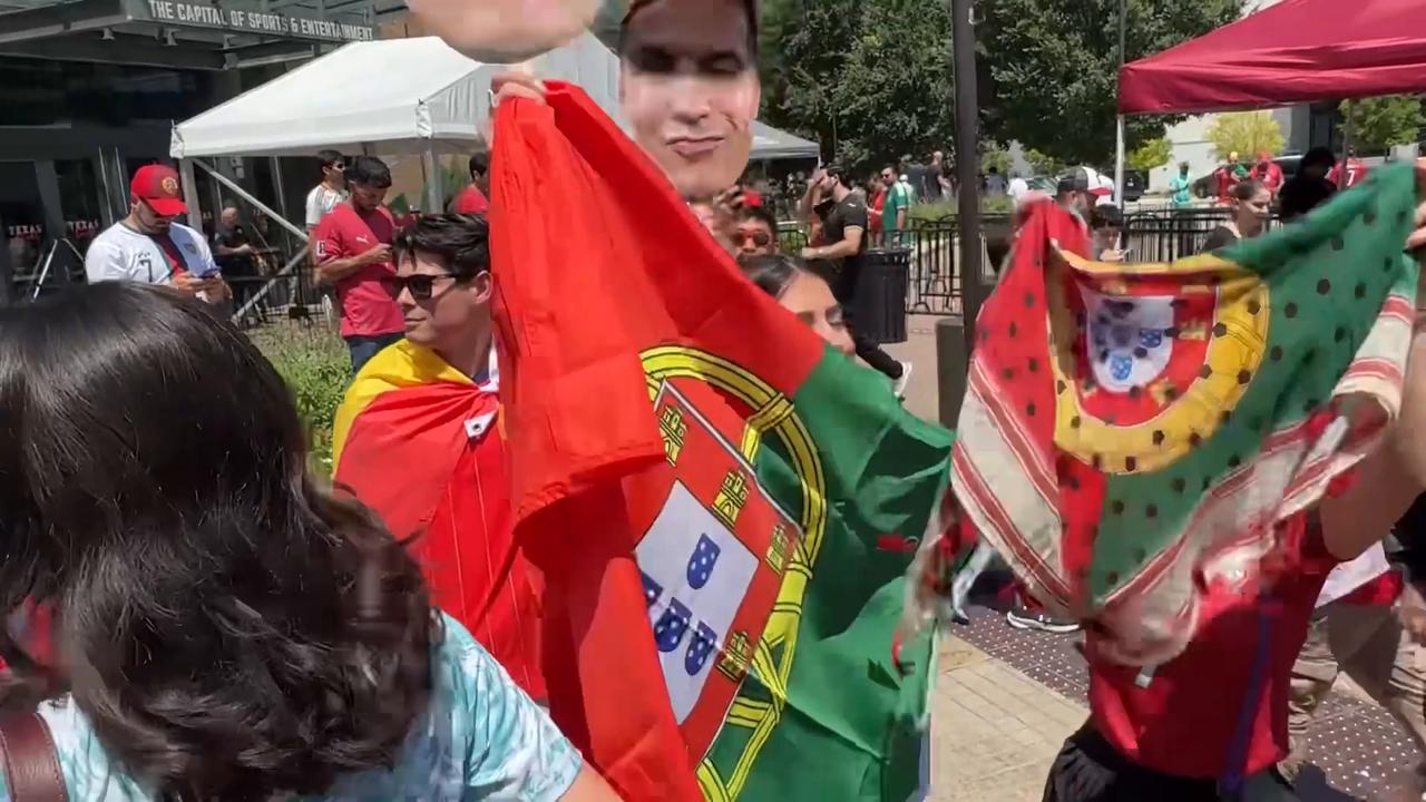 Video thumbnail for US: Portugal fans march to Dallas Stadium for Spain clash.
