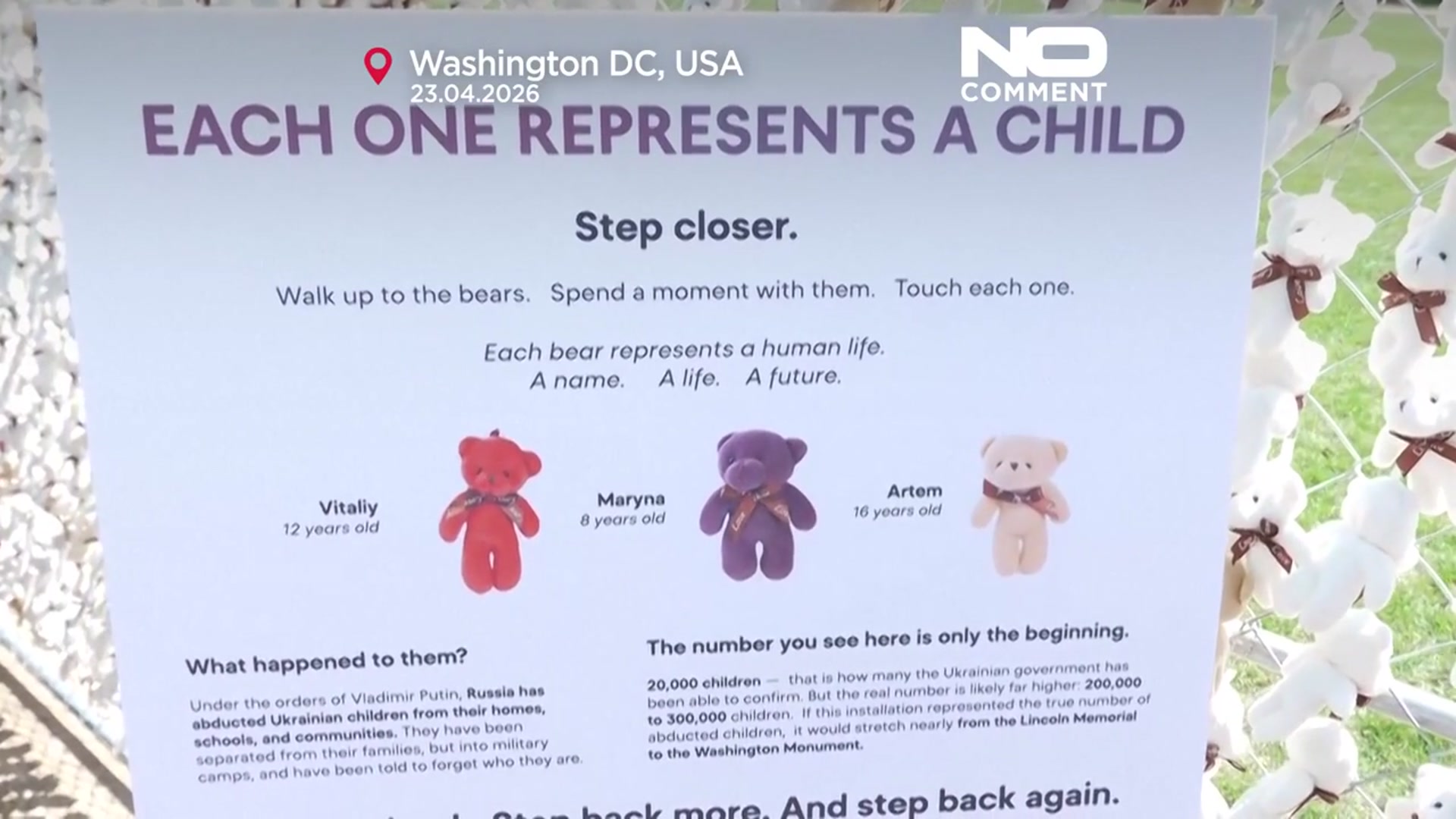 Video thumbnail for 20,000 teddy bears in Washington highlight abducted Ukrainian children