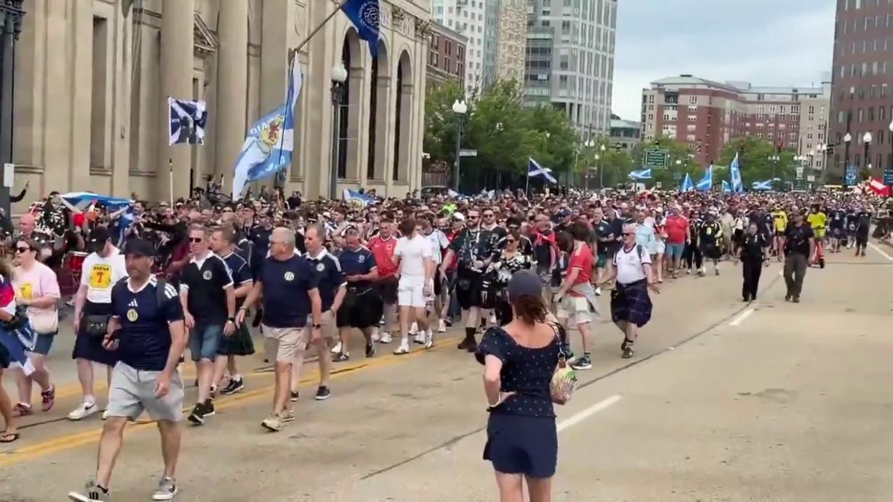 Video thumbnail for US: Scotland Fans Flood Providence Streets In Massive World Cup Celebration.