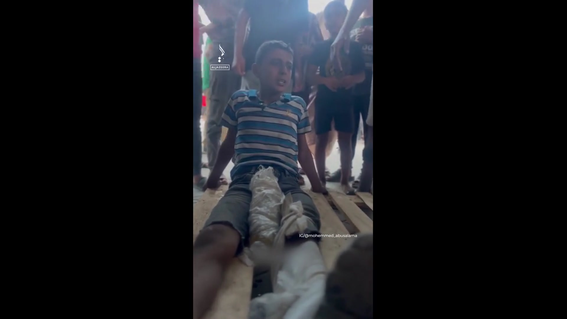 'Video thumbnail for Palestinian boy in Gaza shot in leg while retrieving food aid'