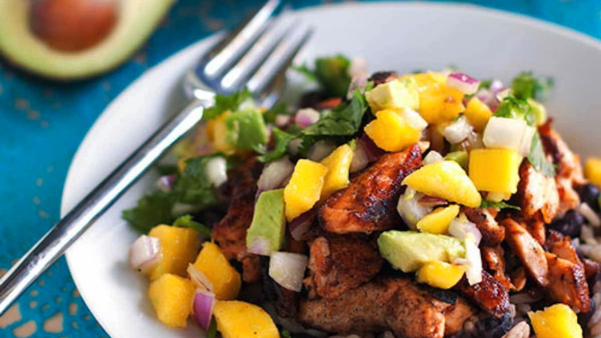 Video thumbnail for Caribbean Jerk Salmon Bowl with Mango Salsa recipe