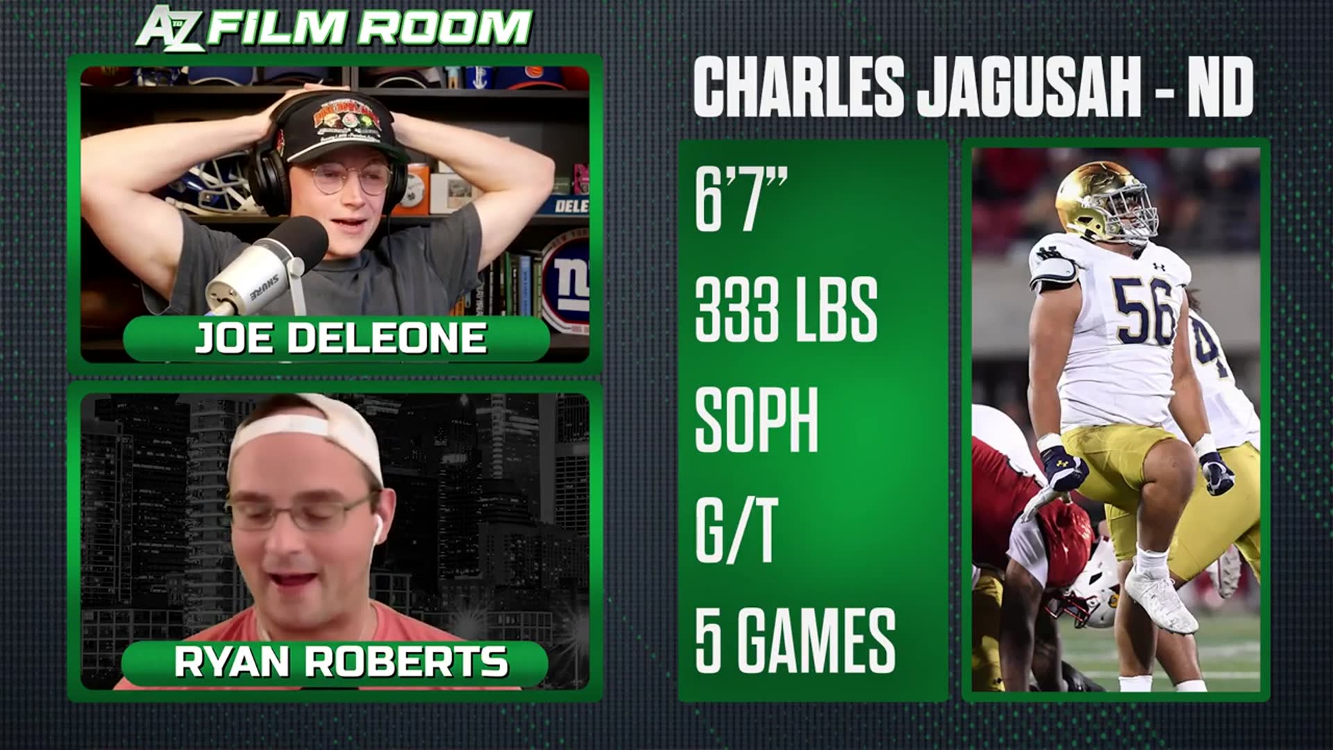 'Video thumbnail for a to z sports film room: charles jagusah 2026 nfl draft scouting report: notre dame's offensive line star!'