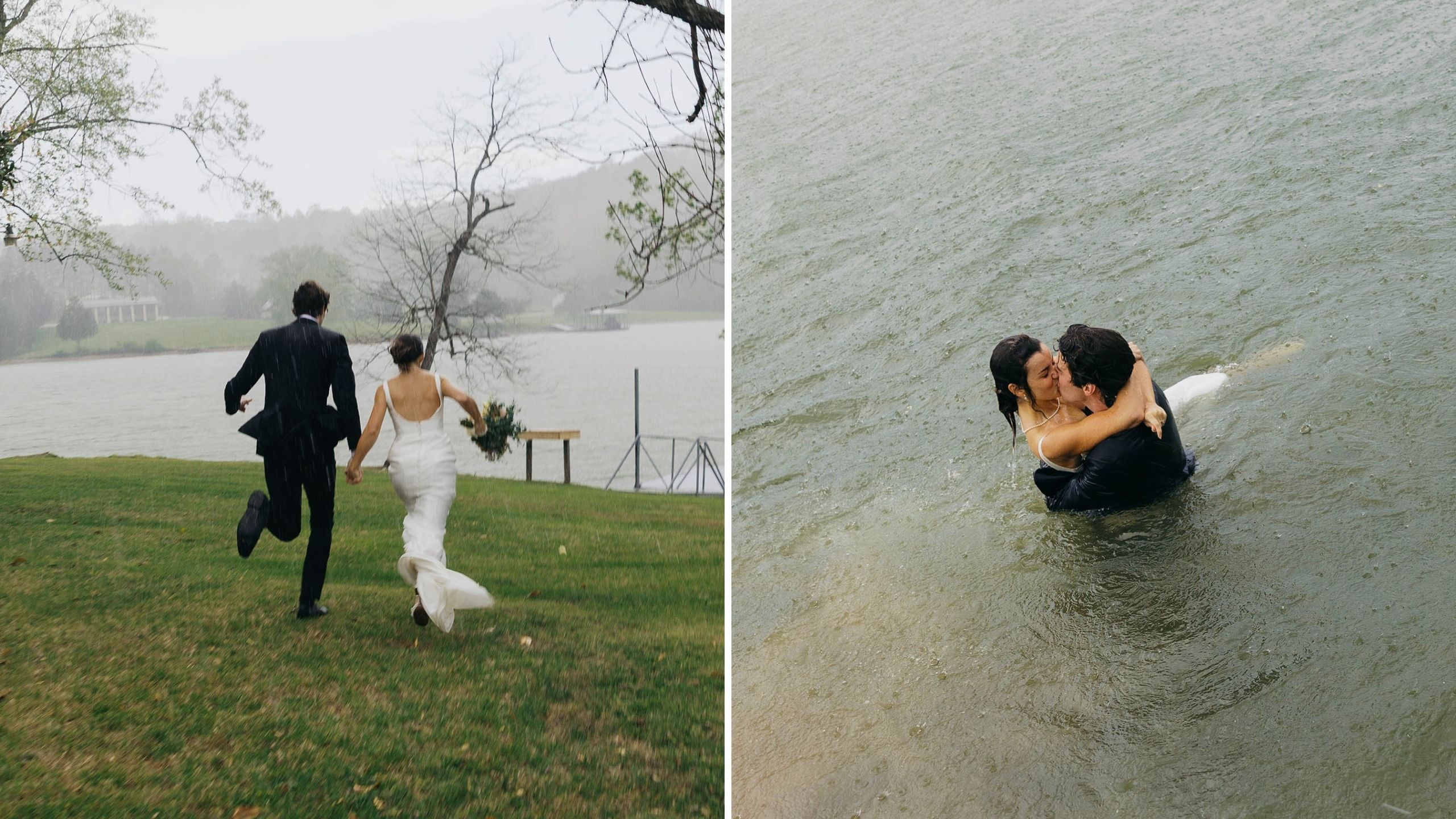 Video thumbnail for Bride And Groom Who Got Caught In Downpour At Wedding Celebrate By Jumping In Lake