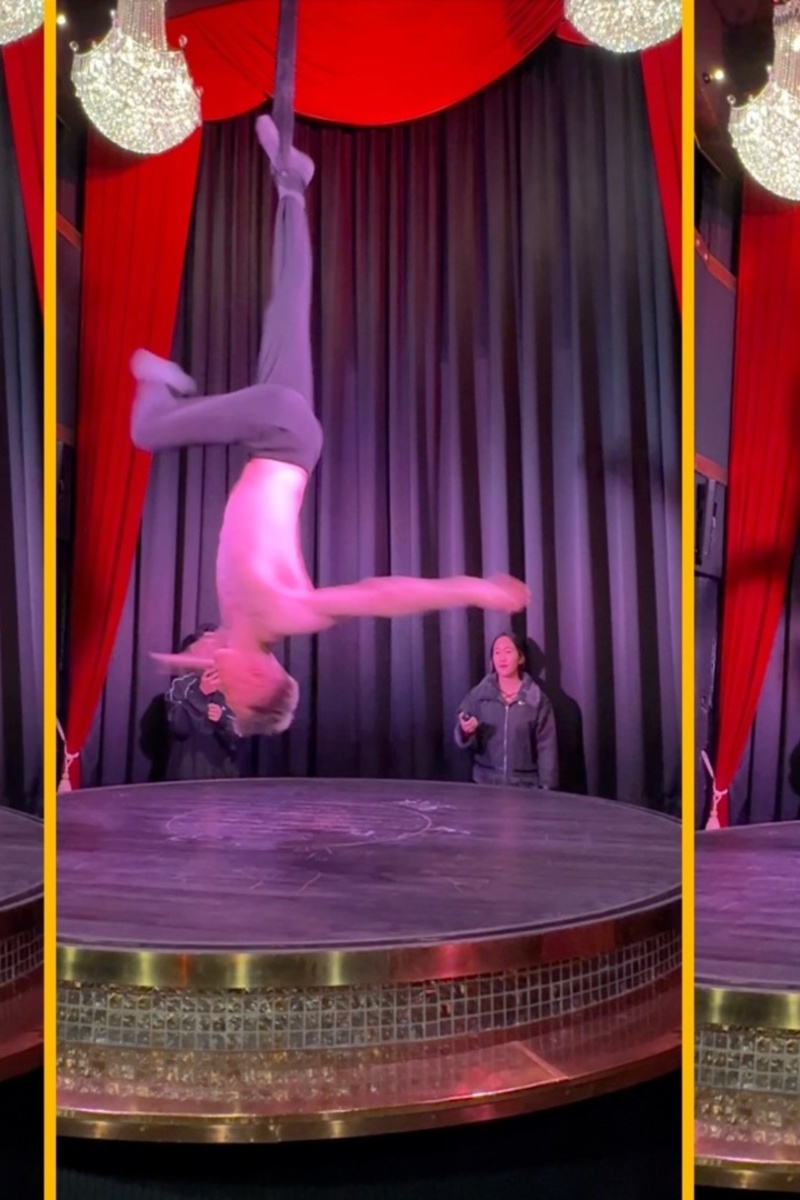 Video thumbnail for Most 360 degrees spins while hanging upside down from aerial straps in one minute - 178 by Jean-Luc Bedryk
