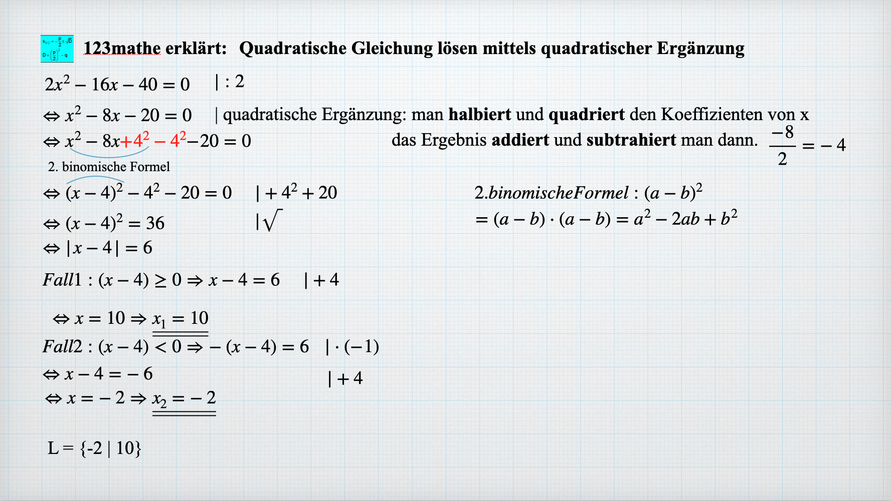 'Video thumbnail for Quadratische Ergänzung, quadratische Gleichung lösen'