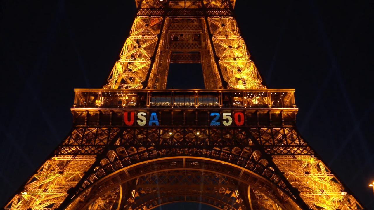 Video thumbnail for France: Eiffel Tower glows to mark 250th anniversary of US independence.