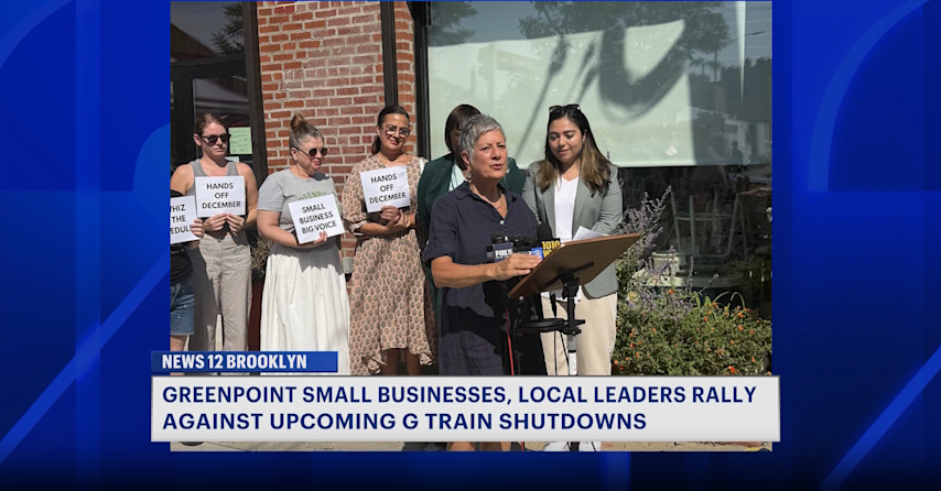 Video thumbnail for Greenpoint small businesses rally against upcoming G train shutdowns