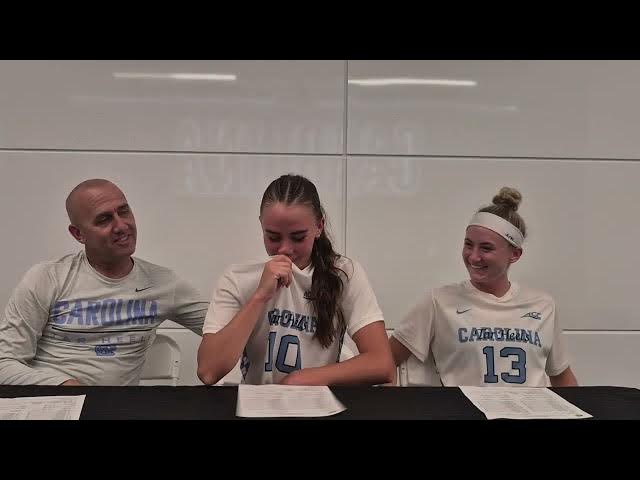 Video thumbnail for #UNC coach Damon Nahas and players Bella Devey and Summer Denigan after a 4-0 opening-match win