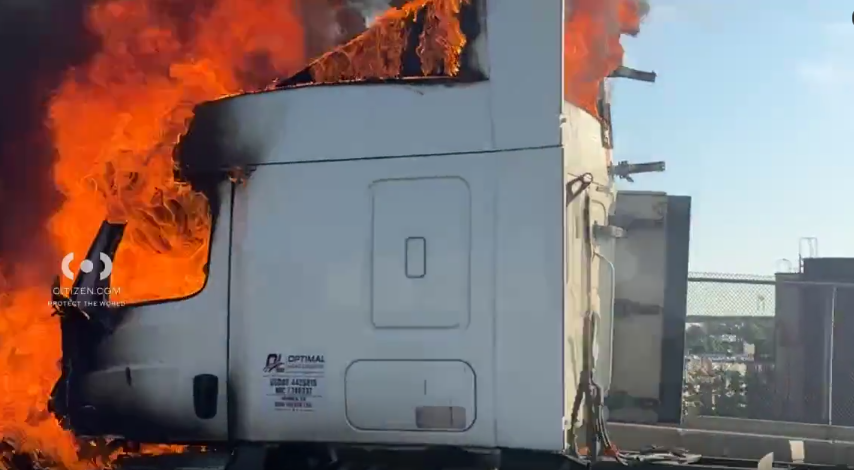 Video thumbnail for Truck goes up in flames, causing major delays on the RFK Bridge