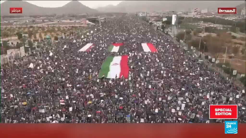 Video thumbnail for Sanaa's mass rally amid regional strikes: Houthis warn of escalation after death of Khamenei